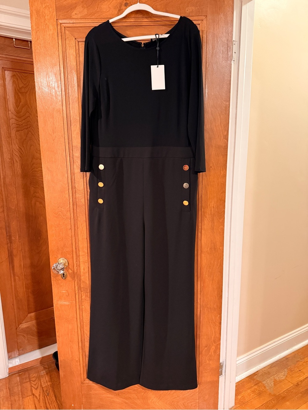 DKNY Black Long-Sleeve Wide-Leg Jumpsuit with Gold-Tone Buttons